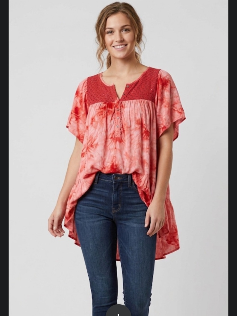 Umgee Red Tie-Dye Crochet Yoke Flutter Sleeve Tunic